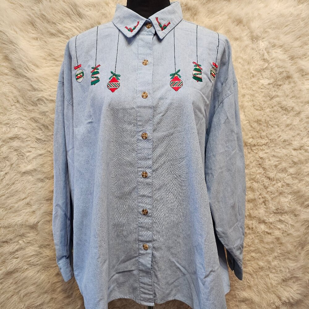 Vintage Nut Cracker Women's Christmas Ornament Embroidery Blue Denim Shirt 24W